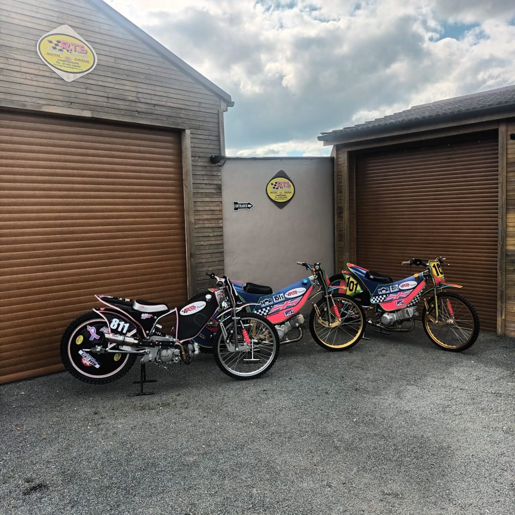 Grasstrack motorcycles outside our workshops
